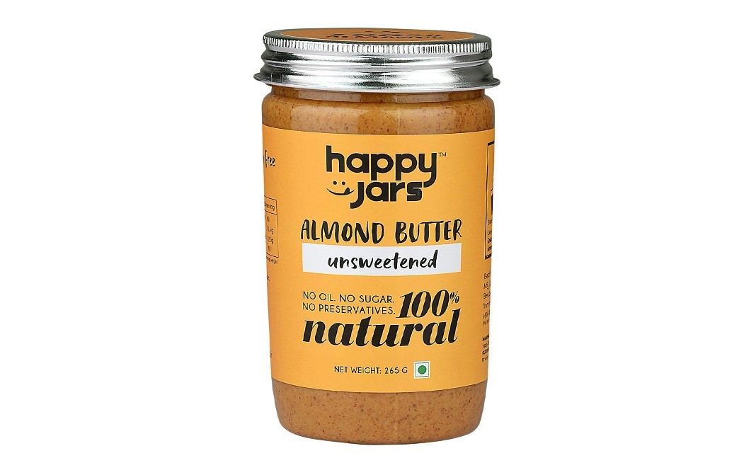 Happy Jars Almond Butter Unsweetened 100% Natural   Glass Jar  265 grams